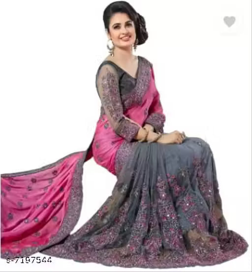 Pink And Grey Colour Vichitra silk & Nyloan Net Havy embroidered And Mirror Embolished Party Wear saree with blouse piece of Banglori Silk