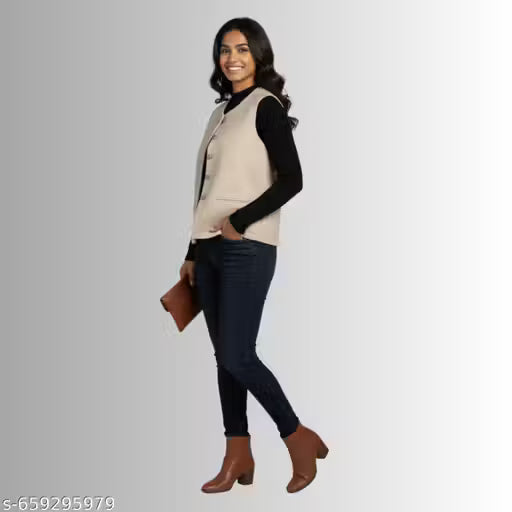Himachali Plain Cream Sadri for Women - Martin Fabric Ethnic Half Jacket with Pockets