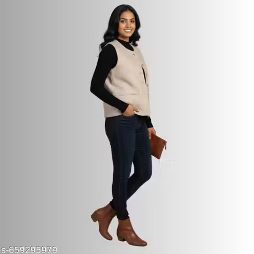Himachali Plain Cream Sadri for Women - Martin Fabric Ethnic Half Jacket with Pockets
