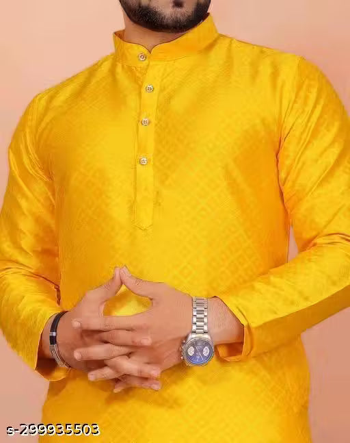 Mens Ethnic Yellow Jacquard Fancy Kurta